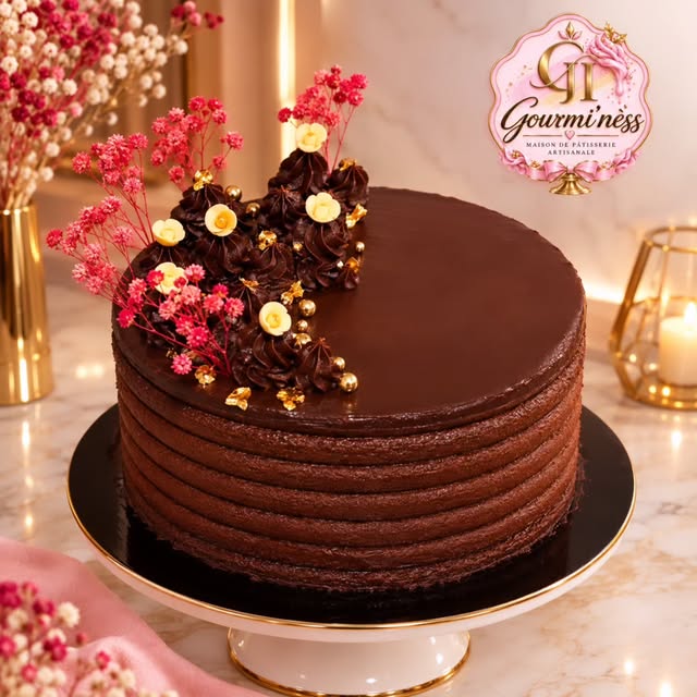 Création Gourmi’ness : gâteau au chocolat décoré de fleurs roses et de touches dorées